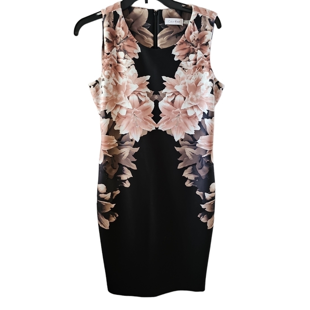 Calvin Klein pink tan black scuba floral dress no tag, but fits like a 4 or 6